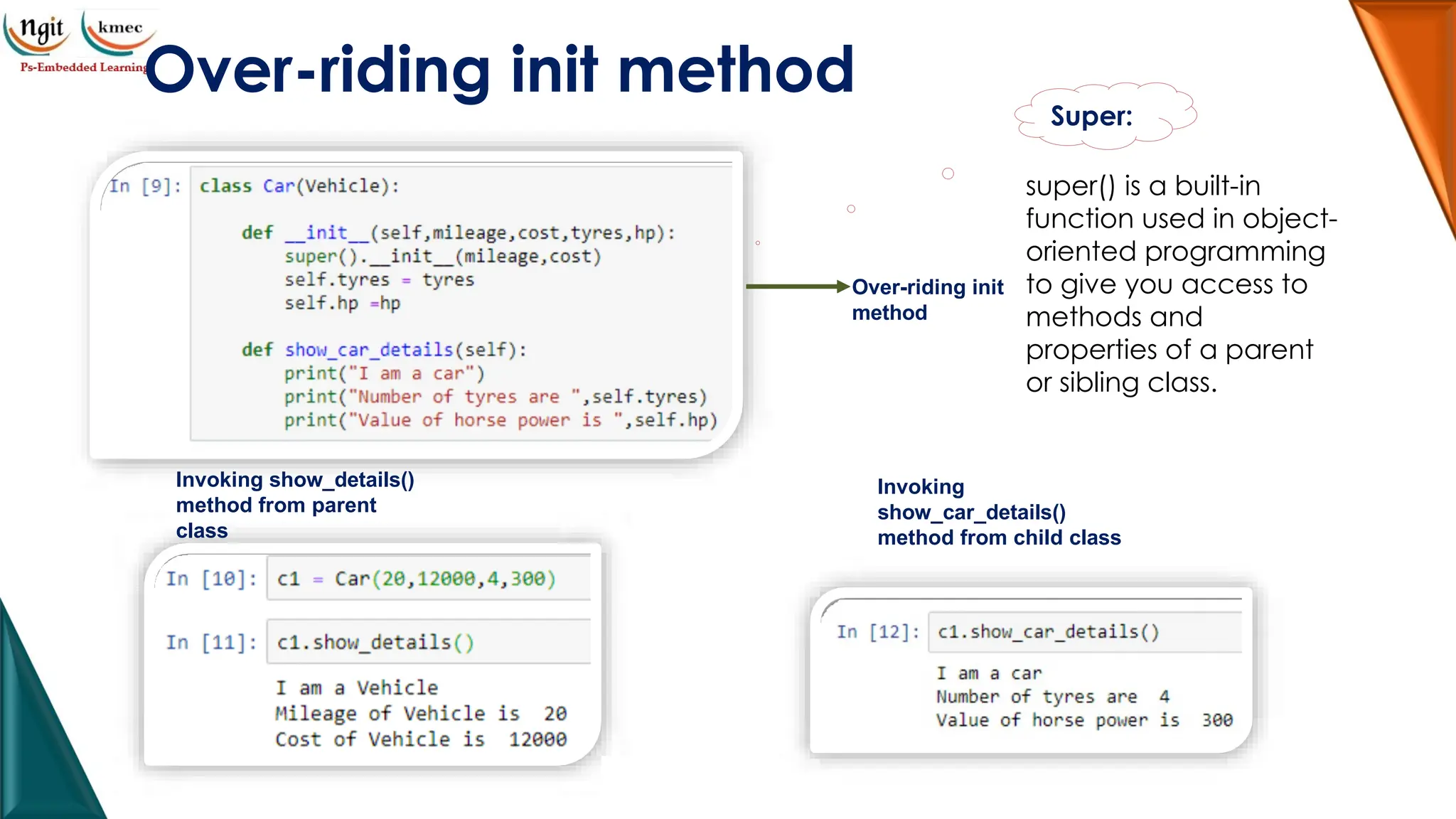 Over-riding init method
Over-riding init
method
Invoking show_details()
method from parent
class
Invoking
show_car_details()
method from child class
Super:
super() is a built-in function used in object-oriented programming to give you access to methods and properties of a parent or sibling class.
super() is a built-in
function used in object-
oriented programming
to give you access to
methods and
properties of a parent
or sibling class.
 