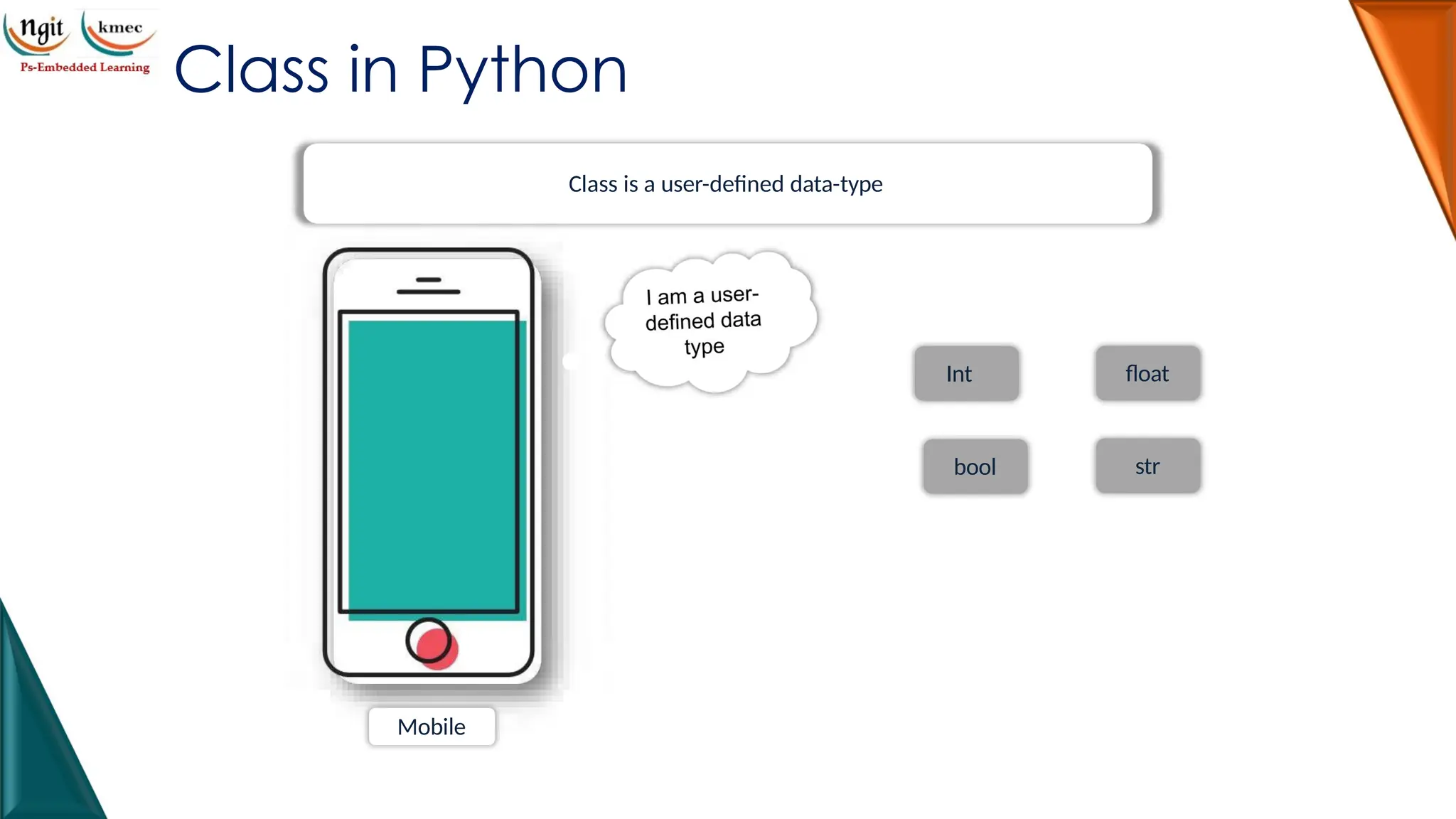 Class in Python
Class is a user-defined data-type
Mobile
float
bool str
Int
 
