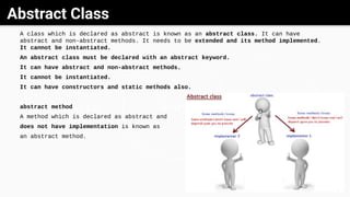 Abstract Class
GrayWhite Black
14
A class which is declared as abstract is known as an abstract class. It can have
abstract and non-abstract methods. It needs to be extended and its method implemented.
It cannot be instantiated.
An abstract class must be declared with an abstract keyword.
It can have abstract and non-abstract methods.
It cannot be instantiated.
It can have constructors and static methods also.
abstract method
A method which is declared as abstract and
does not have implementation is known as
an abstract method.
 