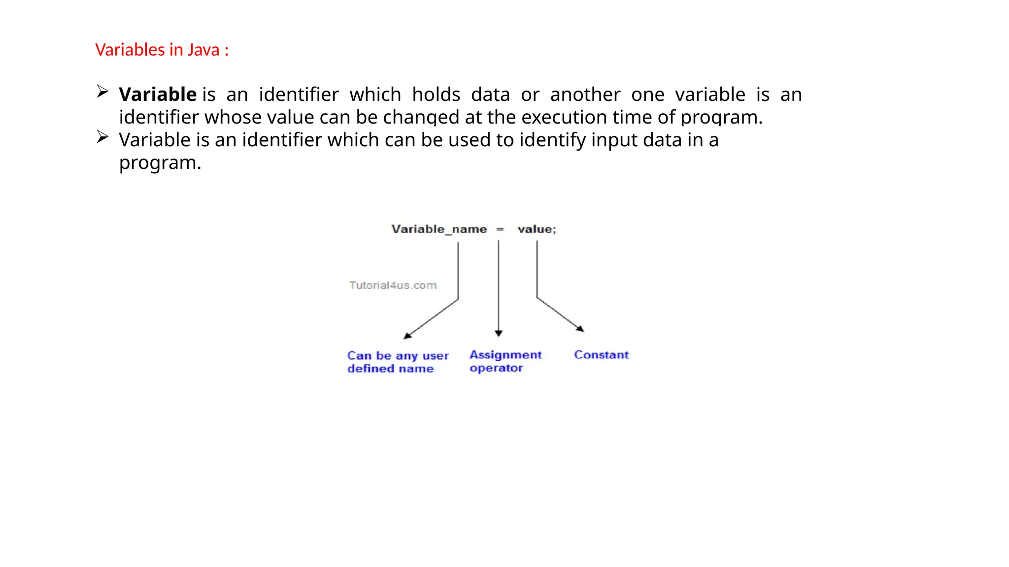 Variables in Java :
 Variable is an identifier which holds data or another one variable is an
identifier whose value can be changed at the execution time of program.
 Variable is an identifier which can be used to identify input data in a
program.
 