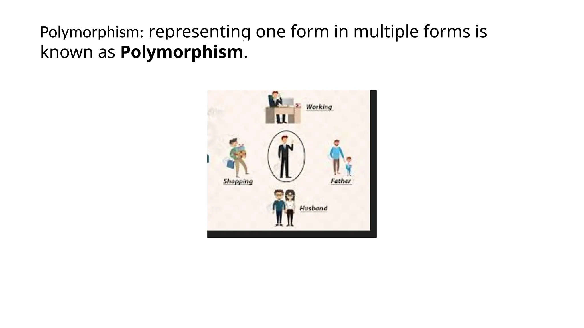 Polymorphism: representing one form in multiple forms is
known as Polymorphism.
 