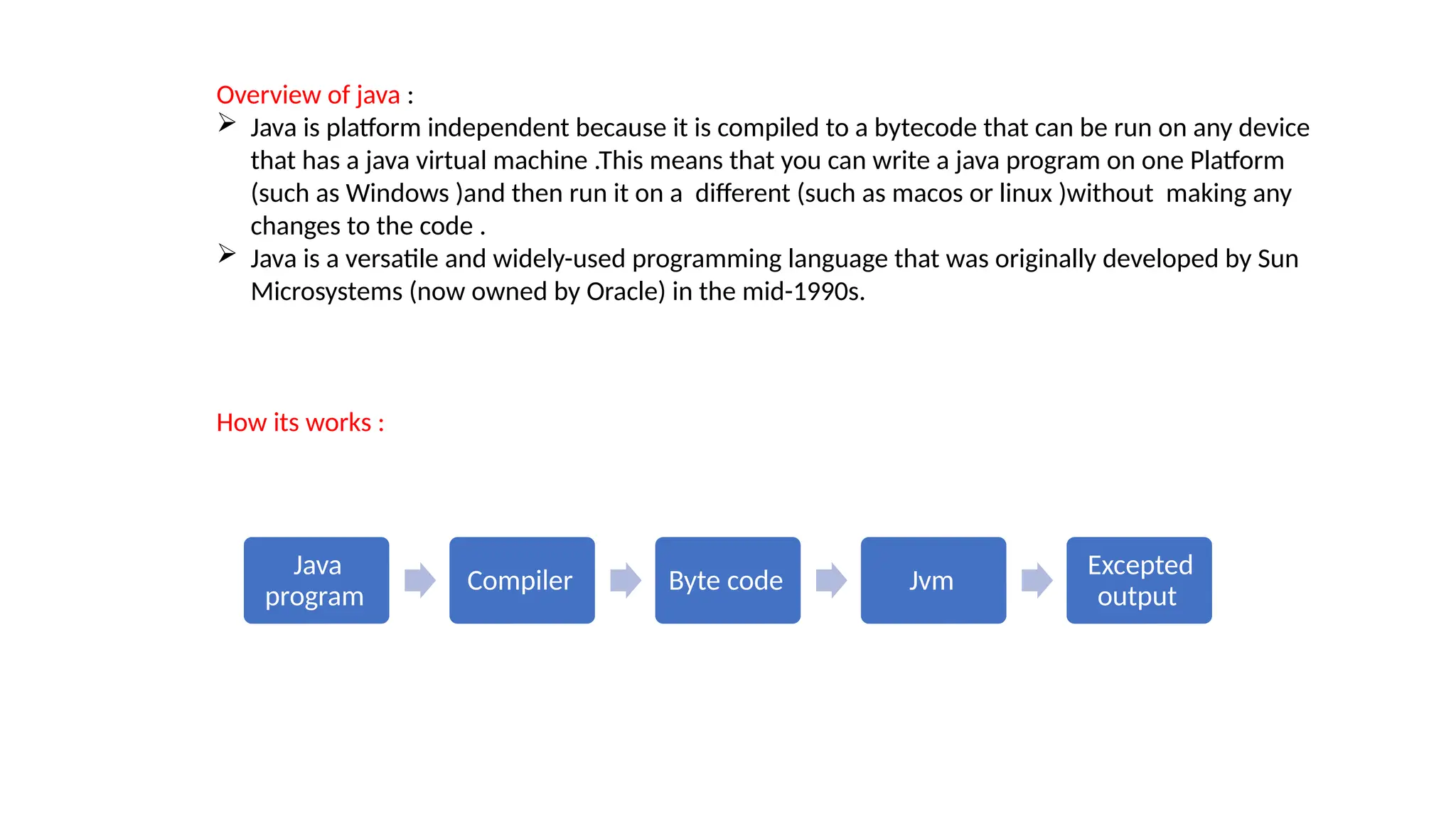 Overview of java :
 Java is platform independent because it is compiled to a bytecode that can be run on any device
that has a java virtual machine .This means that you can write a java program on one Platform
(such as Windows )and then run it on a different (such as macos or linux )without making any
changes to the code .
 Java is a versatile and widely-used programming language that was originally developed by Sun
Microsystems (now owned by Oracle) in the mid-1990s.
How its works :
Java
program
Compiler Byte code Jvm
Excepted
output
 