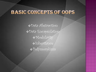  Data Abstraction
 Data Encapsulation
     Modularity
    Inheritance
   Polymorphism
 