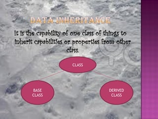 It is the capability of one class of things to
inherit capabilities or properties from other
                      class.
                       CLASS




       BASE                          DERIVED
       CLASS                          CLASS
 