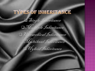 Single Inheritance
 Multiple Inheritance
Hierarchical Inheritance
Multilevel Inheritance
  Hybrid Inheritance
 