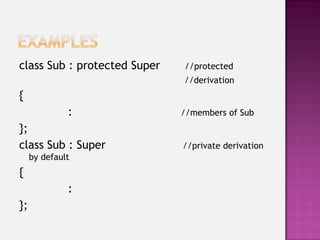 class Sub : protected Super   //protected
                              //derivation
{
              :               //members of Sub
};
class Sub : Super             //private derivation
     by default
{
              :
};
 