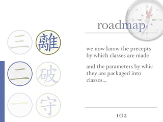 102
roadmap
一
三
二
we now know the precepts
by which classes are made
and the parameters by whic
they are packaged into
classes…
離
守
破
 