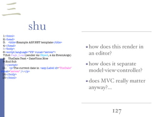 127
1:<html>
2:<head>
3: <title>Example ASP.NET template</title>
4:</head>
5:<body>
6:<script language="VB" runat="server">
7:Sub Page_Load(sender As Object, e As EventArgs)
8: TheDate.Text = DateTime.Now
9:End Sub
10:</script>
11: <p>The current date is: <asp:Label id="TheDate"
runat="server" />.</p>
12:</body>
13:</html>
三
shu
how does this render in
an editor?
how does it separate
model-view-controller?
does MVC really matter
anyway?…
 