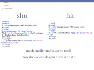 1:<html>
2:<head>
3: <title>Example ASP.NET template</title>
4:</head>
5:<body>
6:<script language="VB" runat="server">
7:Sub Page_Load(sender As Object, e As EventArgs)
8: TheDate.Text = DateTime.Now
9:End Sub
10:</script>
11: <p>The current date is: <asp:Label id="TheDate"
runat="server" />.</p>
12:</body>
13:</html>
1:<html>
2:<head>
3: <title>Example simple PHP version</title>
4:</head>
5:<body>
6: <p>The current date is: <?php echo date('l, F dS, y');
?>.</p>
7:</body>
8:</html>
三
shu ha
much smaller and easier to read!
how does a web designer deal with it?
 