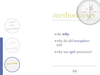29
一
三
二
the why
why do old metaphors
fail?
why use agile processes?
methodology
 