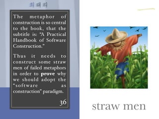 최태리
36
straw men
The metaphor of
construction is so central
to the book, that the
subtitle is: “A Practical
Handbook of Software
Construction.”
Thus it needs to
construct some straw
men of failed metaphors
in order to prove why
we should adopt the
“software as
construction” paradigm.
一
 