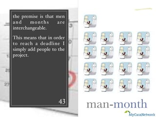 43
man-month
一the premise is that men
and months are
interchangeable.
This means that in order
to reach a deadline I
simply add people to the
project.
 