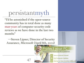 최태리
47 최채리
“I’d be astonished if the open-source
community has in total done as many
man-years of computer security code
reviews as we have done in the last two
months”
—Steven Lipner, Director of Security
Assurance, Microsoft (April 8th, 2002)
persistantmyth
 