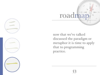 53
roadmap
一
三
二
now that we’ve talked
discussed the paradigm or
metaphor it is time to apply
that to programming
practice.
 
