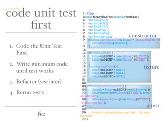 1:<?php
2:class MoneyBagTest extends TestCase {
3:    var $m12CHF;
4:    var $m14CHF;
5:    var $m28USD;
6:    var $mArray1;
7:    var $moneybag1;
8:    var $moneybag2;
9: function MoneyBagTest( $name = "MoneyBagTest" ) {
10: $this->TestCase( $name );
11: }
12:
13: function setUp() {
14: $this->m12CHF = new Money( 12, "CHF" );
15: $this->m14CHF = new Money( 14, "CHF" );
16: }
17: function tearDown() {
18: $this->m12CHF = NULL;
19: $this->m14CHF = NULL;
20: $this->m28USD = NULL;
21: }
22:
23: function testSimpleAdd() {
24: $result = $this->m12CHF->add( $this->m14CHF );
25: $this->assert(new Money(27,"CHF"), $result, "This
should fail" );
26: $this->assertEquals(new Money(27,"CHF"), $result,
"This should fail" );
27: }
28:
29: // insert more tests here: use "test..." for name of
function.
30:}
62
code unit test
ﬁrst
1. Code the Unit Test
First
2. Write minimum code
until test works
3. Refactor (see later)
4. Rerun tests
constructor
a test
一
ﬁxture
 
