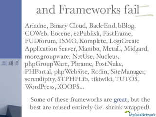 최태리
Some of these frameworks are great, but the
best are reused entirely (i.e. shrink-wrapped).
and Frameworks fail
Ariadne, Binary Cloud, Back-End, bBlog,
COWeb, Eocene, ezPublish, FastFrame,
FUDforum, ISMO, Komplete, LogiCreate
Application Server, Mambo, MetaL, Midgard,
more.groupware, NetUse, Nucleus,
phpGroupWare, Phrame, PostNuke,
PHPortal, phpWebSite, Rodin, SiteManager,
serendipity, STPHPLib, tikiwiki, TUTOS,
WordPress, XOOPS…
二
 