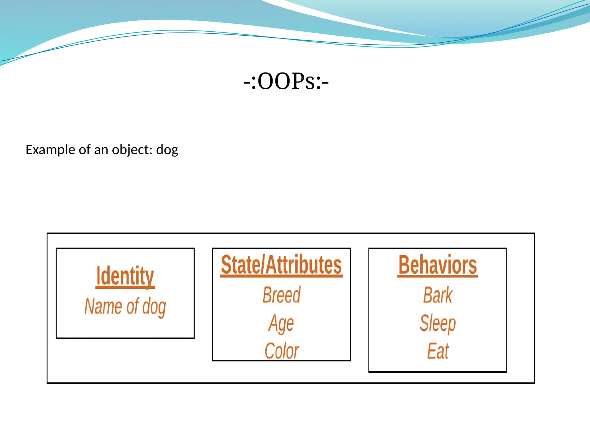 Example of an object: dog
-:OOPs:-
 