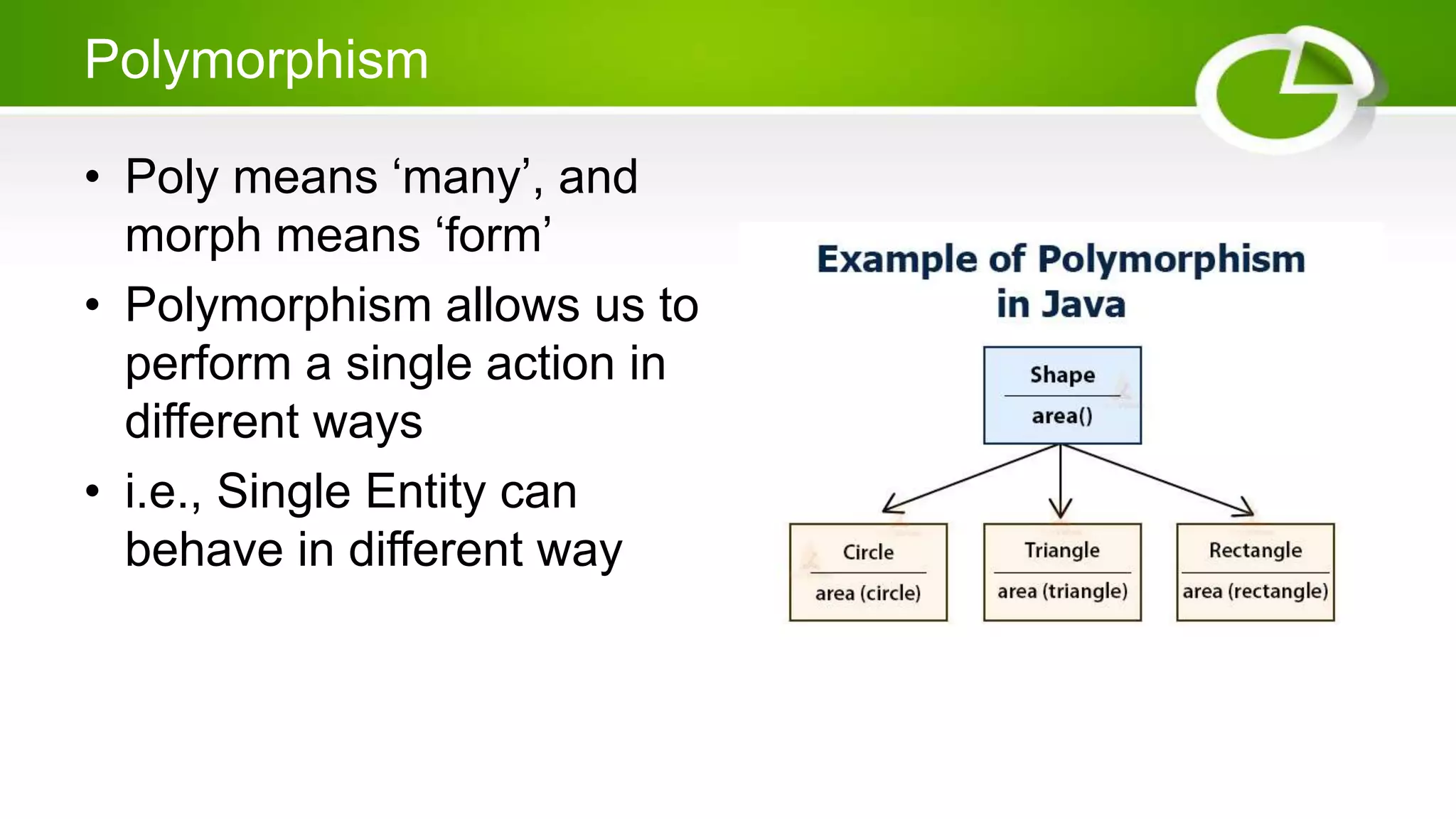 Polymorphism
• Poly means ‘many’, and
morph means ‘form’
• Polymorphism allows us to
perform a single action in
different ways
• i.e., Single Entity can
behave in different way