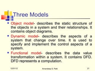 Three Models
   Object model- describes the static structure of
    the objects in a system and their relationships. It
    contains object diagrams.
   Dynamic model- describes the aspects of a
    system that change over time. It is used to
    specify and implement the control aspects of a
    system.
   Functional model- describes the data value
    transformation within a system. It contains DFD.
    DFD represents a computation.
    12/01/12           Amandeep S. Patti            21
 