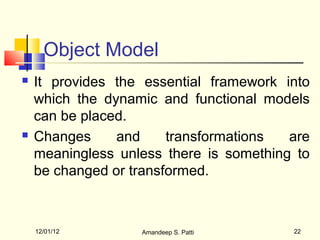Object Model
   It provides the essential framework into
    which the dynamic and functional models
    can be placed.
   Changes     and     transformations  are
    meaningless unless there is something to
    be changed or transformed.



    12/01/12       Amandeep S. Patti     22
 