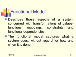 Functional Model
   Describes those aspects of a system
    concerned with transformations of values-
    functions, mappings, constraints and
    functional dependencies.
   The functional model captures what a
    system does, without regard for how and
    when it is done.

    12/01/12        Amandeep S. Patti     24
 