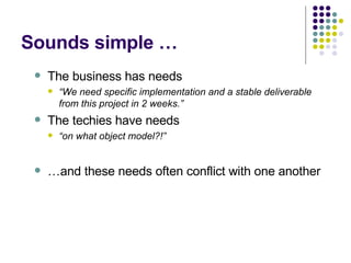 Sounds simple … The business has needs “ We need specific implementation and a stable deliverable from this project in 2 weeks.” The techies have needs “ on what object model?!” …and these needs often conflict with one another 