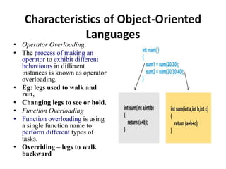 Characteristics of Object-Oriented
Languages
• Operator Overloading:
• The process of making an
operator to exhibit different
behaviours in different
instances is known as operator
overloading.
• Eg: legs used to walk and
run,
• Changing legs to see or hold.
• Function Overloading
• Function overloading is using
a single function name to
perform different types of
tasks.
• Overriding – legs to walk
backward
 