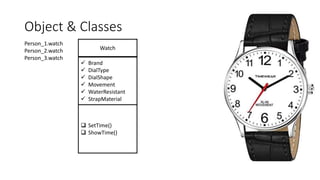 Object & Classes
 SetTime()
 ShowTime()
 Brand
 DialType
 DialShape
 Movement
 WaterResistant
 StrapMaterial
Watch
Person_1.watch
Person_2.watch
Person_3.watch
 