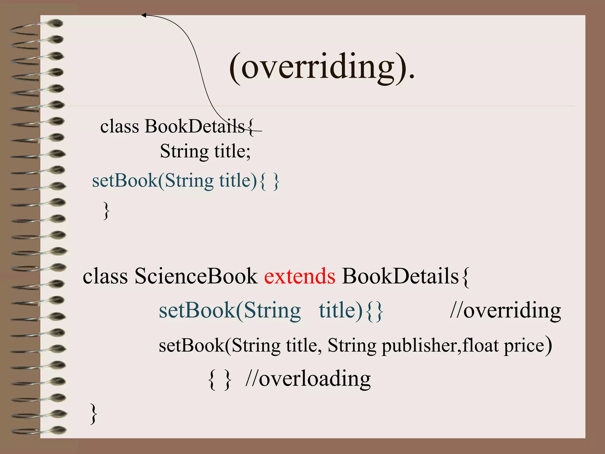 (overriding).
  class BookDetails{
         String title;
 setBook(String title){ }
  }


class ScienceBook extends BookDetails{
        setBook(String title){}              //overriding
        setBook(String title, String publisher,float price)
             { } //overloading
 }
 