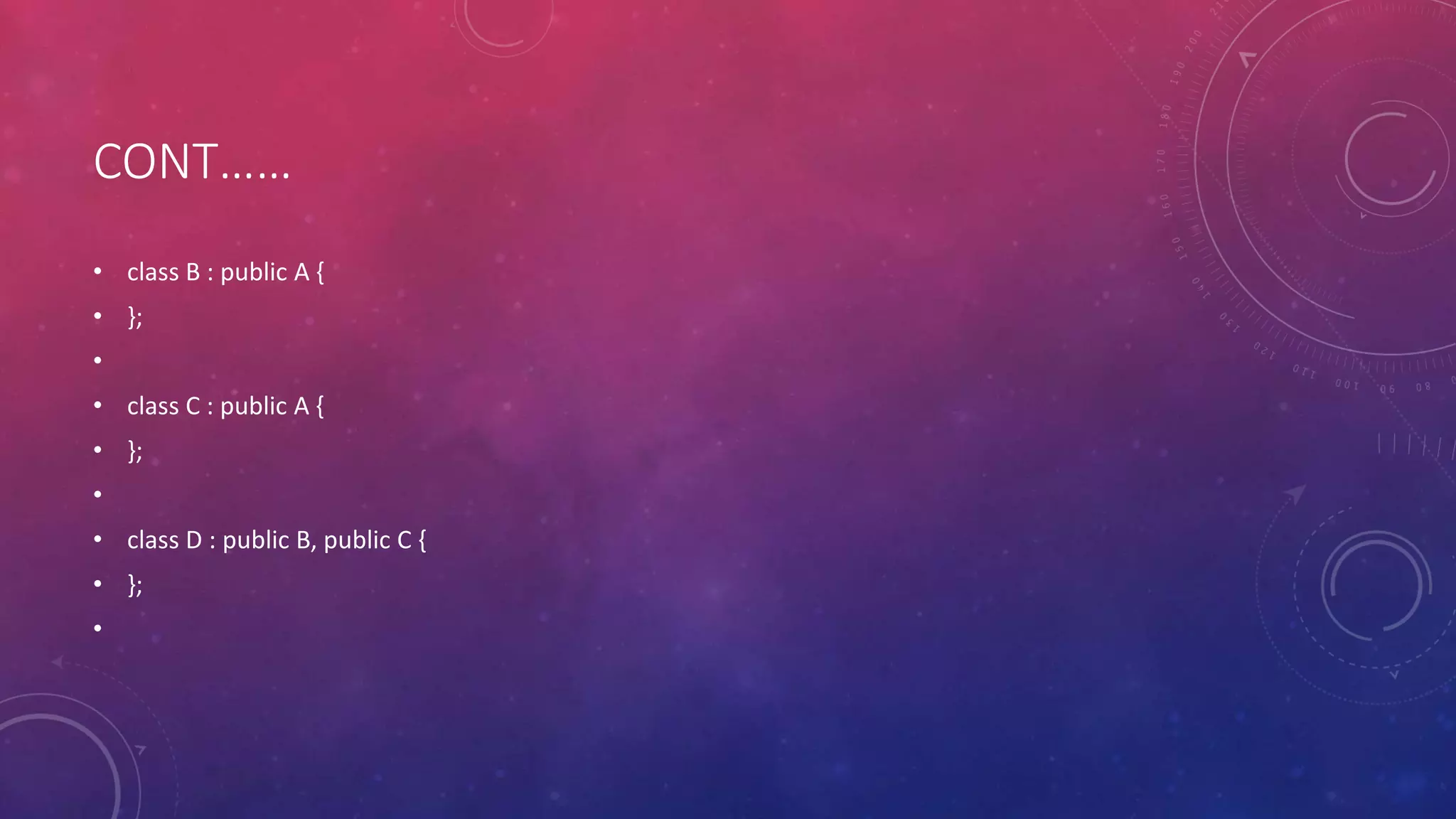 CONT……
• class B : public A {
• };
•
• class C : public A {
• };
•
• class D : public B, public C {
• };
•
 