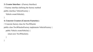 3. Creator Interface : (Factory Interface)
// Factory interface defining the factory method
public interface VehicleFactory {
Vehicle createVehicle();
}
4. Concrete Creators (Concrete Factories) :
// Concrete factory class for TwoWheeler
public class TwoWheelerFactory implements VehicleFactory {
public Vehicle createVehicle() {
return new TwoWheeler();
}
}
 