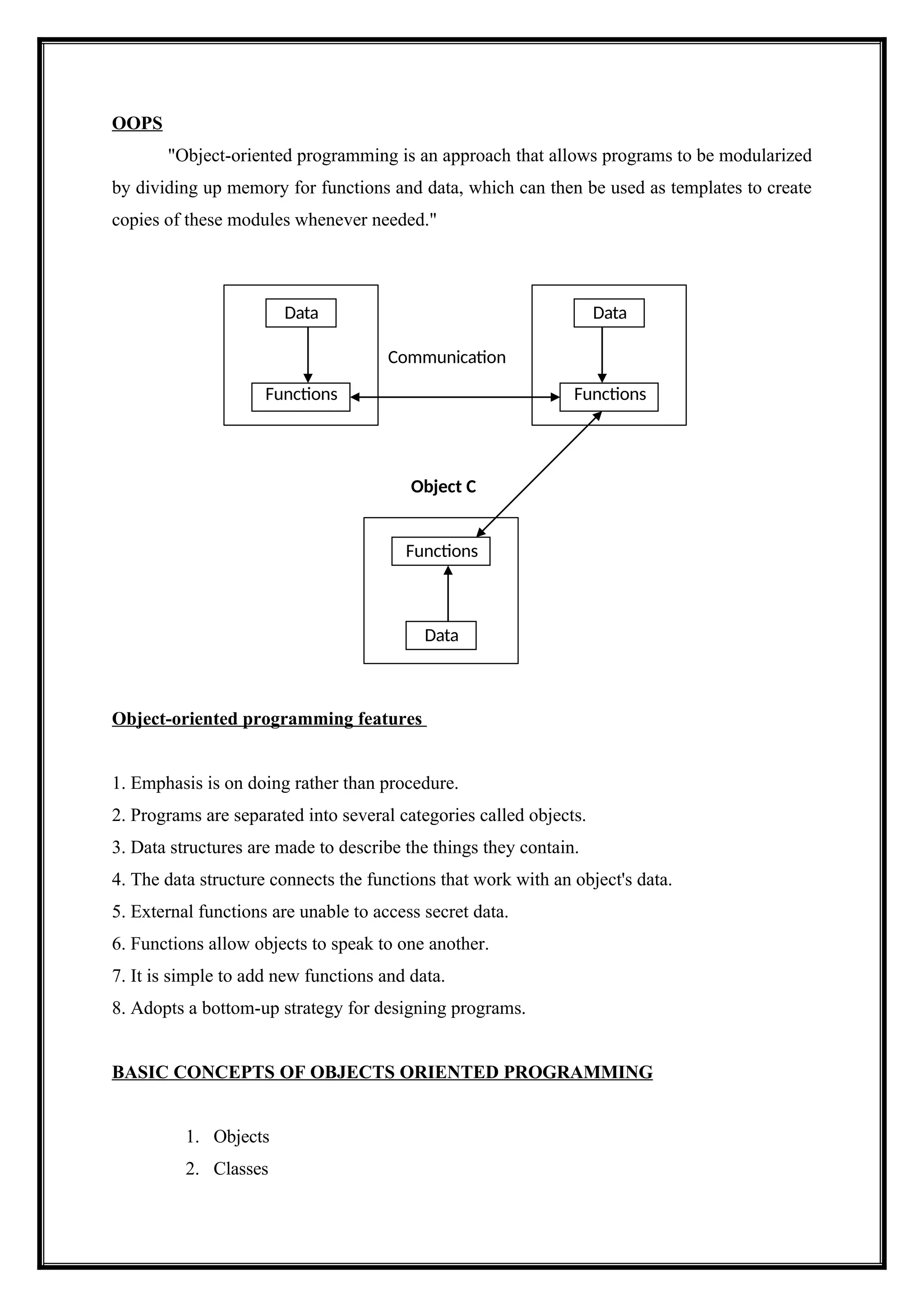 Communication
Object C
Data
Functions
Functions
Data
Functions
Data
OOPS
"Object-oriented programming is an approach that allows programs to be modularized
by dividing up memory for functions and data, which can then be used as templates to create
copies of these modules whenever needed."
Object-oriented programming features
1. Emphasis is on doing rather than procedure.
2. Programs are separated into several categories called objects.
3. Data structures are made to describe the things they contain.
4. The data structure connects the functions that work with an object's data.
5. External functions are unable to access secret data.
6. Functions allow objects to speak to one another.
7. It is simple to add new functions and data.
8. Adopts a bottom-up strategy for designing programs.
BASIC CONCEPTS OF OBJECTS ORIENTED PROGRAMMING
1. Objects
2. Classes
 