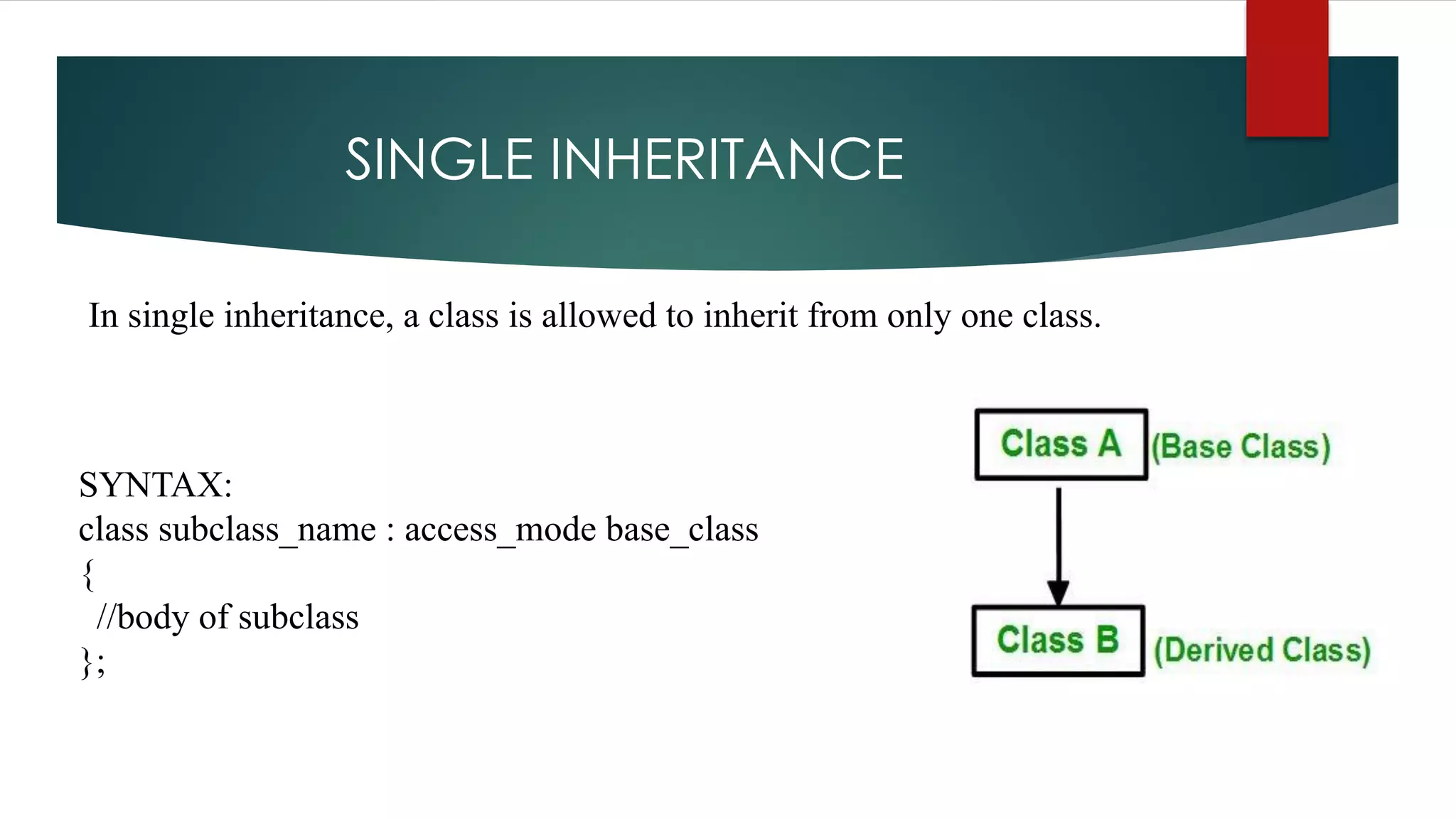 SINGLE INHERITANCE
In single inheritance, a class is allowed to inherit from only one class.
SYNTAX:
class subclass_name : access_mode base_class
{
//body of subclass
};
 