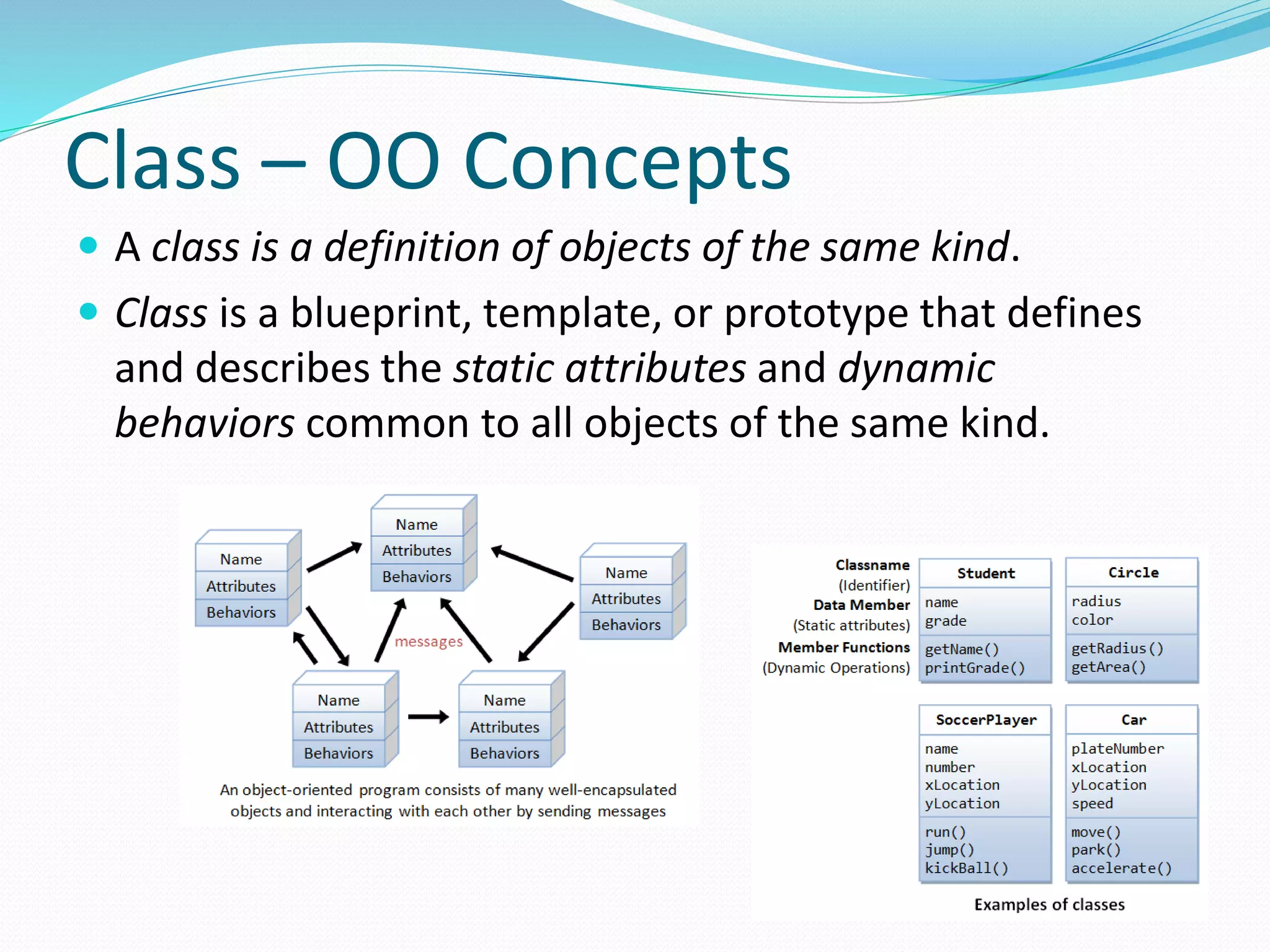 Class – OO Concepts
 A class is a definition of objects of the same kind.
 Class is a blueprint, template, or prototype that defines
and describes the static attributes and dynamic
behaviors common to all objects of the same kind.
 
