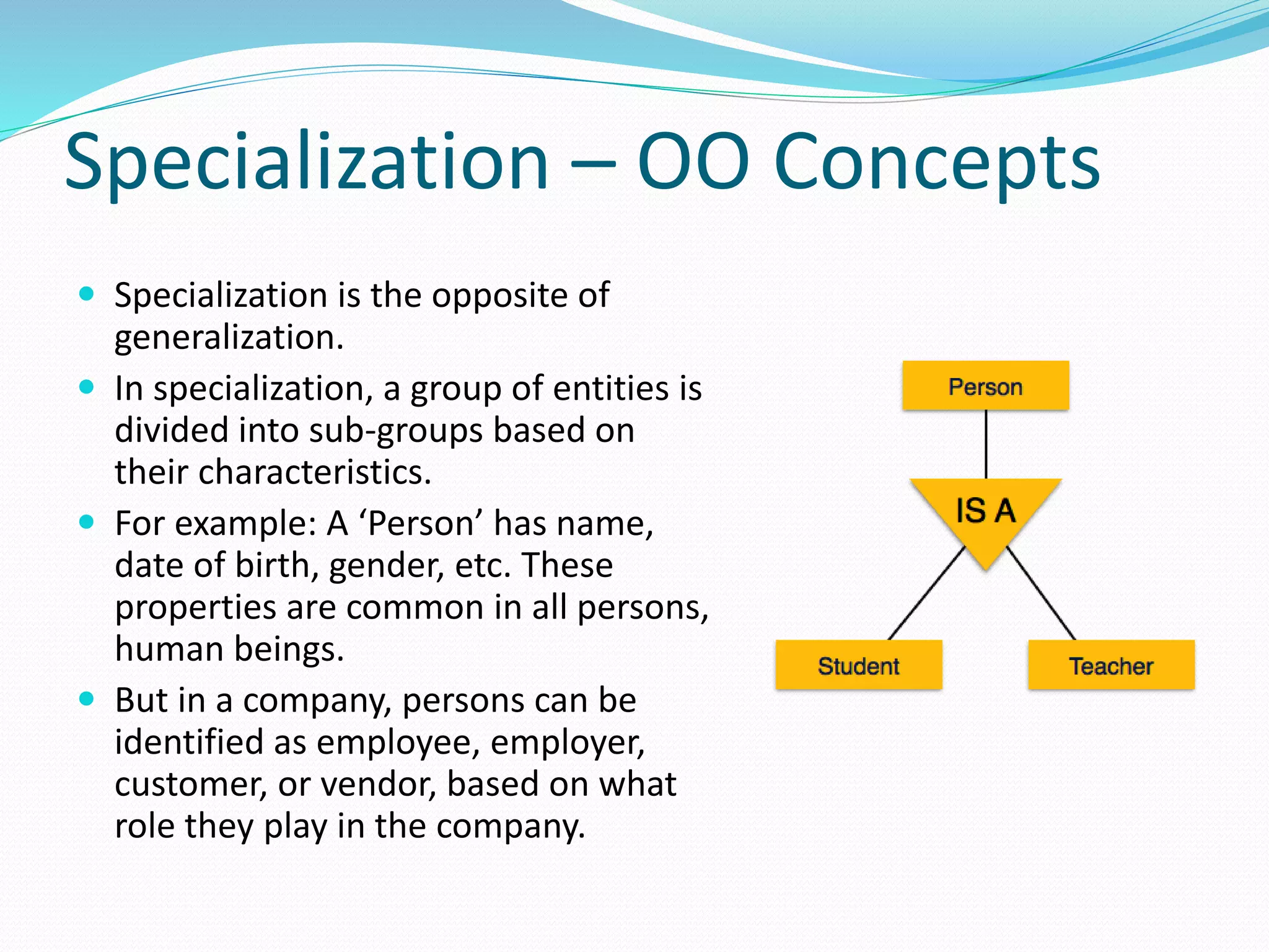 Specialization – OO Concepts
 Specialization is the opposite of
generalization.
 In specialization, a group of entities is
divided into sub-groups based on
their characteristics.
 For example: A ‘Person’ has name,
date of birth, gender, etc. These
properties are common in all persons,
human beings.
 But in a company, persons can be
identified as employee, employer,
customer, or vendor, based on what
role they play in the company.
 