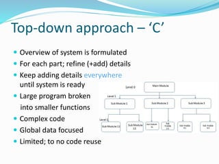 Top-down approach – ‘C’
 Overview of system is formulated
 For each part; refine (+add) details
 Keep adding details everywhere
until system is ready
 Large program broken
into smaller functions
 Complex code
 Global data focused
 Limited; to no code reuse
 
