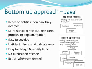 Bottom-up approach – Java
 Describe entities then how they
interact
 Start with concrete business case,
proceed to implementation
 Easy to develop
 Unit test it here, and validate now
 Easy to change & modify later
 No duplication of code
 Reuse, wherever needed
 