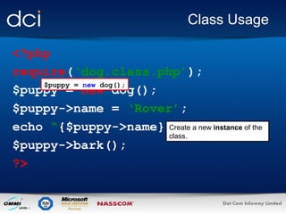 Class Usage
<?php
require(‘dog.class.php’);
$puppy = new dog();
$puppy = new dog();
$puppy->name = ‘Rover’;
echo “{$puppy->name} Create a new”; of the
says instance
class.
$puppy->bark();
?>

 