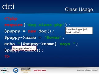 Class Usage
<?php
require(‘dog.class.php’);
Use the dog object
$puppy = new dog();
bark method.
$puppy->name = ‘Rover’;
echo “{$puppy->name} says ”;
$puppy->bark();
$puppy->bark();
?>

 