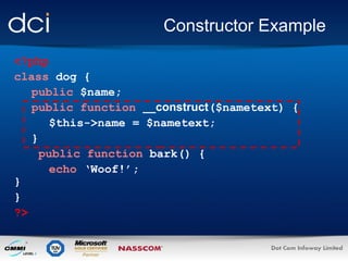 Constructor Example
<?php
class dog {
public $name;
public function __construct($nametext) {
$this->name = $nametext;
}
public function bark() {
echo ‘Woof!’;
}
}
?>

 