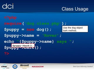 Class Usage <?php require ( ‘dog.class.php’ ); $puppy =  new  dog(); $puppy->name =  ‘Rover’ ; echo  “ {$puppy->name}  says ” ; $puppy->bark(); ?> $puppy->bark(); Use the dog object bark method. 