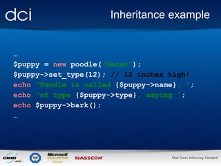 Inheritance example … $puppy =  new  poodle( ‘Oscar’ ); $puppy->set_type(12);  // 12 inches high! echo   “Poodle is called  {$puppy->name} , ” ; echo   “of type  {$puppy->type} , saying “ ; echo  $puppy->bark(); … 