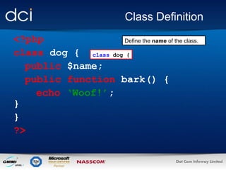 Class Definition <?php class  dog { public  $name; public function  bark() { echo  ‘Woof!’ ; } }  ?> class  dog { Define the  name  of the class. 