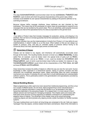 OOPS Concepts using C++
                                                                                Data Abstraction


The class AutomatedVehicle could be broken down into two subclasses, PalletAGV and
RollAGV, each of which will inherit the general characteristics of the parent class. Either
subclass could establish its own special characteristics by adding to the parent's definition or by
overriding its behavior.

Because classes define message interfaces, these interfaces are also inherited by their
subclasses. This means that all the subclasses of a given class are guaranteed to respond to any
messages that can be handled by the parent class. This is an extremely useful property because
it allows us to treat all the specialized forms of a class as equivalent at the general level.



 if we define a Product class that includes messages for production, pricing, and shipping in its
interface, then we have an ironclad guarantee that all the subclasses of Product will implement all
these messages.
 Any given subclass may use the implementations it inherits from Product, or it may define its own
implementations; it doesn't matter to us at this level. What matters is that we can design our
system to produce, price, and ship an unlimited variety of products without having to be
concerned about how each specialized type carries out these tasks.

     Hierarchies of Classes
Classes can be nested to any degree, and inheritance will automatically accumulate down
through all the levels. The resulting treelike structure is known as a class hierarchy. A class
called Part, for example, could be broken down into special kinds of parts such as Motor,
Chassis, Connector, and so on. Motor, in turn, could be divided into DriveMotor and
SteppingMotor, each of which could be broken down further as needed. An instance of, say,
VariableSpeedDriveMotor would inherit all the characteristics of the Part class, as well
as those of Motor and DriveMotor.

Class hierarchies increase the ability of objects to reflect the way we view the real world. Human
knowledge is often organized in a hierarchical manner, relying on generic concepts and their
refinement into increasingly specialized cases. Object technology takes the same conceptual
mechanisms we employ in everyday life and uses them to build sophisticated yet understandable
software systems. This is particularly evident in the generalization and specialization provided by
a class hierarchy.


Natural Building Blocks
Object programming is often said to be more natural than traditional programming, and this is true
on a couple of different levels. On one level, object programming is more natural because it
allows us to organize information in ways that are familiar to us, as illustrated in the class
hierarchies described in the preceding chapter. On a deeper level, it is more natural in that it
reflects nature's own techniques for managing complexity. This chapter opens and closes with
brief looks at the structure of living organisms to establish a framework for understanding the
adaptive nature of objects. The remainder of the chapter looks at the actual technology
underlying objects and demonstrates why objects provide a better foundation for flexible business
systems.
The basic building block out of which all living things are composed is the cell. Cells are organic
"packages" that, like objects, combine related information and behavior. Most of the information is




                                         L & T Infotech                             Page 20 of 87
 