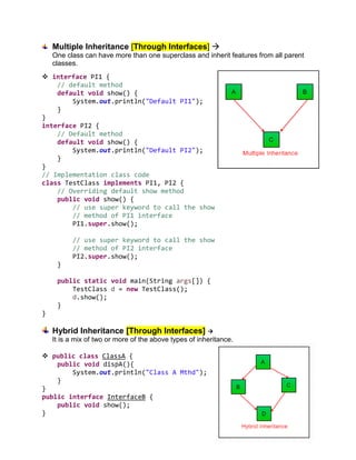 By- Shalabh Chaudhary [GLAU]
Multiple Inheritance [Through Interfaces] 
One class can have more than one superclass and inherit features from all parent
classes.
 interface PI1 {
// default method
default void show() {
System.out.println("Default PI1");
}
}
interface PI2 {
// Default method
default void show() {
System.out.println("Default PI2");
}
}
// Implementation class code
class TestClass implements PI1, PI2 {
// Overriding default show method
public void show() {
// use super keyword to call the show
// method of PI1 interface
PI1.super.show();
// use super keyword to call the show
// method of PI2 interface
PI2.super.show();
}
public static void main(String args[]) {
TestClass d = new TestClass();
d.show();
}
}
Hybrid Inheritance [Through Interfaces] 
It is a mix of two or more of the above types of inheritance.
 public class ClassA {
public void dispA(){
System.out.println("Class A Mthd");
}
}
public interface InterfaceB {
public void show();
}
 