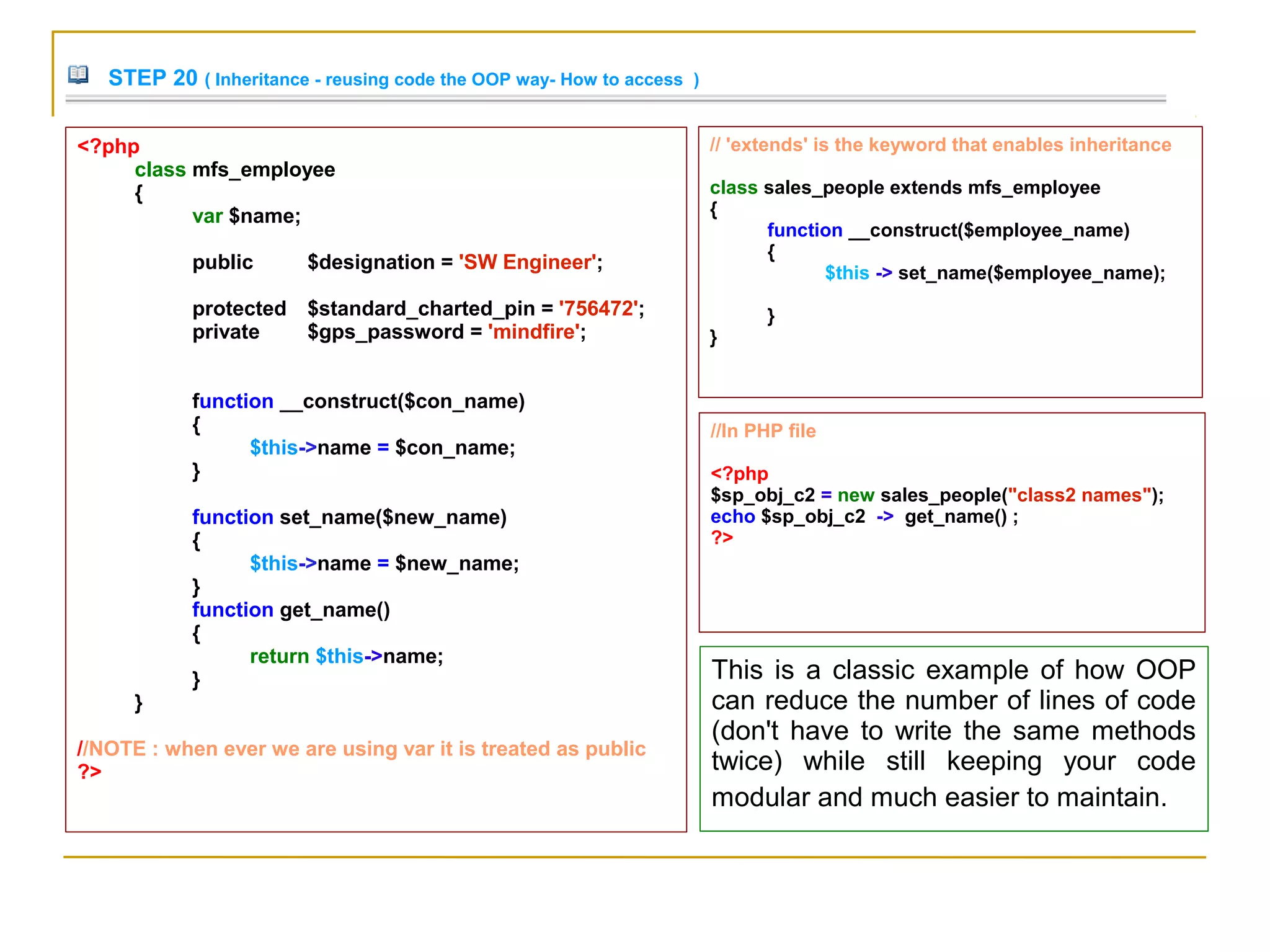 STEP 20 ( Inheritance - reusing code the OOP way- How to access )
<?php
class mfs_employee
{
var $name;
public $designation = 'SW Engineer';
protected $standard_charted_pin = '756472';
private $gps_password = 'mindfire';
function __construct($con_name)
{
$this->name = $con_name;
}
function set_name($new_name)
{
$this->name = $new_name;
}
function get_name()
{
return $this->name;
}
}
//NOTE : when ever we are using var it is treated as public
?>
// 'extends' is the keyword that enables inheritance
class sales_people extends mfs_employee
{
function __construct($employee_name)
{
$this -> set_name($employee_name);
}
}
//In PHP file
<?php
$sp_obj_c2 = new sales_people("class2 names");
echo $sp_obj_c2 -> get_name() ;
?>
This is a classic example of how OOP
can reduce the number of lines of code
(don't have to write the same methods
twice) while still keeping your code
modular and much easier to maintain.
 