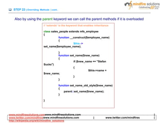STEP 22 ( Overriding Methods ) cont..
Also by using the parent keyword we can call the parent methods if it is overloaded
// 'extends' is the keyword that enables inheritance
class sales_people extends mfs_employee
{
function __construct($employee_name)
{
$this ->
set_name($employee_name);
}
function set_name($new_name)
{
if ($new_name == "Stefan
Sucks")
{
$this->name =
$new_name;
}
}
function set_name_old_style($new_name)
{
parent::set_name($new_name);
}
}
www.mindfiresolutions.comwww.mindfiresolutions.com |
www.twitter.com/mindfireswww.mindfiresolutions.com | www.twitter.com/mindfires |
http://wikipedia.org/wiki/mindfire_solutions
 