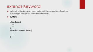 extends Keyword
 extends is the keyword used to inherit the properties of a class.
Following is the syntax of extends keyword.
 Syntax:
class Super {
.....
.....
}
class Sub extends Super {
.....
.....
}
 