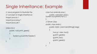 Single Inheritance: Example
// Java program to illustrate the
// concept of single inheritance
import java.io.*;
import java.lang.*;
import java.util.*;
class one {
public void print_geek()
{
System.out.println("Geeks");
}
}
class two extends one {
public void print_for() {
System.out.println("for"); }
}
// Driver class
public class Main {
public static void main(String[] args)
{
two g = new two();
g.print_geek();
g.print_for();
g.print_geek();
}
}
 