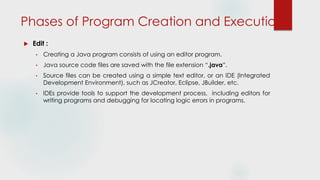 Phases of Program Creation and Execution
 Edit :
• Creating a Java program consists of using an editor program.
• Java source code files are saved with the file extension “.java”.
• Source files can be created using a simple text editor, or an IDE (Integrated
Development Environment), such as JCreator, Eclipse, JBuilder, etc.
• IDEs provide tools to support the development process, including editors for
writing programs and debugging for locating logic errors in programs.
 